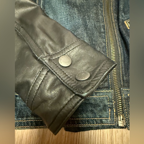 Rag & Bone Zip Front Leather Sleeve Moto Dark Denim Jean Jacket - Picture 7 of 10